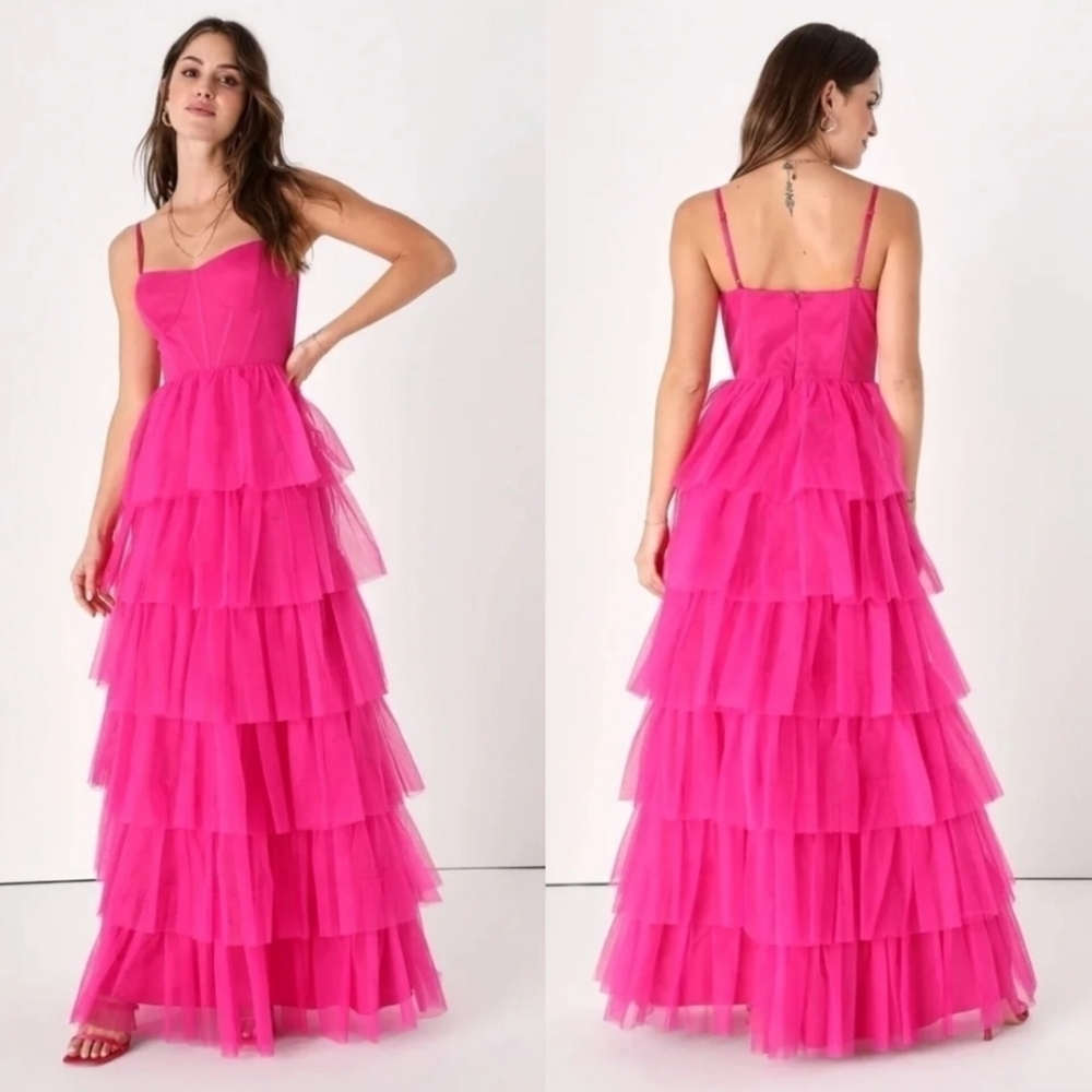 Lulus Rule the Runway Hot Pink Tulle Bustier Tiered Maxi Dress - Size Small